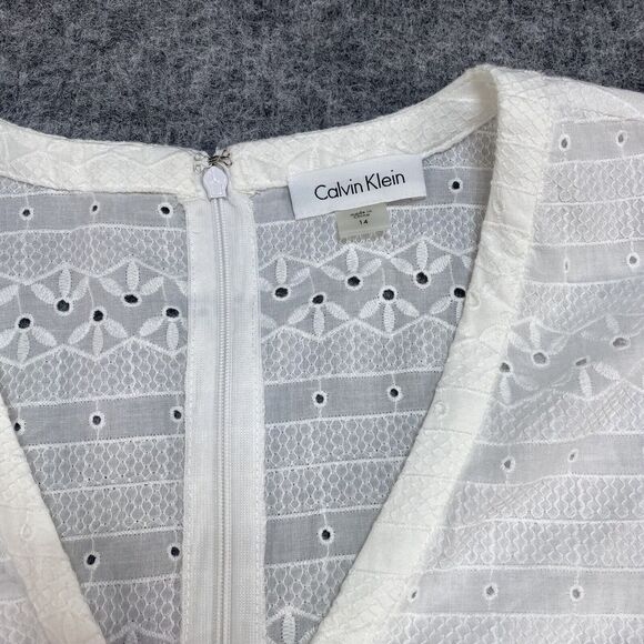 Calvin Klein Dress Women 14 White Eyelet Adjustable Waist Midi Cotton Tassels - Picture 3 of 14
